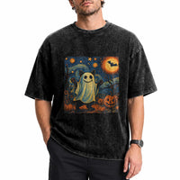 Funny Halloween Ghost Cat Washed Cotton T-Shirt Starry Night Van Gogh Cat Lover Gifts
