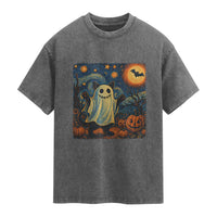 Funny Halloween Ghost Cat Washed Cotton T-Shirt Starry Night Van Gogh Cat Lover Gifts