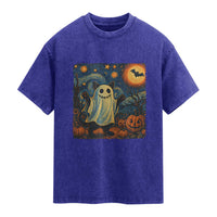 Funny Halloween Ghost Cat Washed Cotton T-Shirt Starry Night Van Gogh Cat Lover Gifts