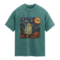 Funny Halloween Ghost Cat Washed Cotton T-Shirt Starry Night Van Gogh Cat Lover Gifts