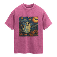 Funny Halloween Ghost Cat Washed Cotton T-Shirt Starry Night Van Gogh Cat Lover Gifts