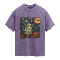 Funny Halloween Ghost Cat Washed Cotton T-Shirt Starry Night Van Gogh Cat Lover Gifts