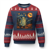 Funny Halloween Ghost Cat Ugly Christmas Sweater Starry Night Van Gogh Cat Lover Gifts - Wonder Print Shop