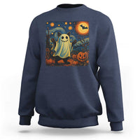 Funny Halloween Ghost Cat Sweatshirt Starry Night Van Gogh Cat Lover Gifts - Wonder Print Shop