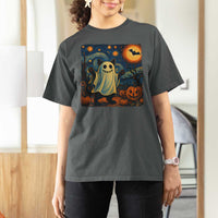 Funny Halloween Ghost Cat T Shirt For Women Starry Night Van Gogh Cat Lover Gifts - Wonder Print Shop
