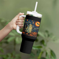 Funny Halloween Ghost Cat Tumbler With Handle Starry Night Van Gogh Cat Lover Gifts - Wonder Print Shop