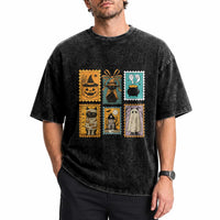 Black Cat Pumpkin Washed Cotton T-Shirt Retro Halloween Ghots Cat Stamp