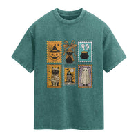 Black Cat Pumpkin Washed Cotton T-Shirt Retro Halloween Ghots Cat Stamp