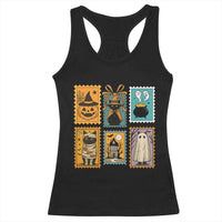 Black Cat Pumpkin Racerback Tank Top Retro Halloween Ghots Cat Stamp - Wonder Print Shop