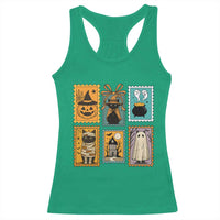 Black Cat Pumpkin Racerback Tank Top Retro Halloween Ghots Cat Stamp - Wonder Print Shop