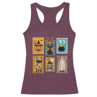 Black Cat Pumpkin Racerback Tank Top Retro Halloween Ghots Cat Stamp - Wonder Print Shop