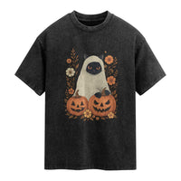 Vintage Halloween Ghost Cat Washed Cotton T-Shirt Groovy Floral Cute Black Cat Ghost Fall Pumpkin