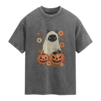 Vintage Halloween Ghost Cat Washed Cotton T-Shirt Groovy Floral Cute Black Cat Ghost Fall Pumpkin
