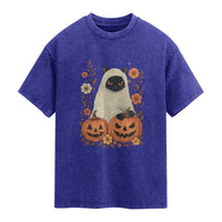 Vintage Halloween Ghost Cat Washed Cotton T-Shirt Groovy Floral Cute Black Cat Ghost Fall Pumpkin