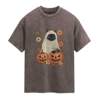 Vintage Halloween Ghost Cat Washed Cotton T-Shirt Groovy Floral Cute Black Cat Ghost Fall Pumpkin
