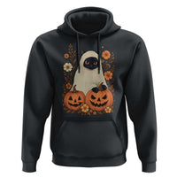 Vintage Halloween Ghost Cat Hoodie Groovy Floral Cute Black Cat Ghost Fall Pumpkin - Wonder Print Shop