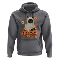 Vintage Halloween Ghost Cat Hoodie Groovy Floral Cute Black Cat Ghost Fall Pumpkin - Wonder Print Shop