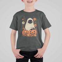 Vintage Halloween Ghost Cat T Shirt For Kid Groovy Floral Cute Black Cat Ghost Fall Pumpkin - Wonder Print Shop