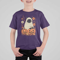 Vintage Halloween Ghost Cat T Shirt For Kid Groovy Floral Cute Black Cat Ghost Fall Pumpkin - Wonder Print Shop