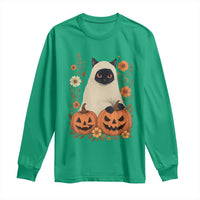 Vintage Halloween Ghost Cat Long Sleeve Shirt Groovy Floral Cute Black Cat Ghost Fall Pumpkin - Wonder Print Shop
