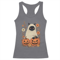 Vintage Halloween Ghost Cat Racerback Tank Top Groovy Floral Cute Black Cat Ghost Fall Pumpkin - Wonder Print Shop