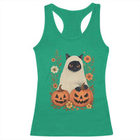 Vintage Halloween Ghost Cat Racerback Tank Top Groovy Floral Cute Black Cat Ghost Fall Pumpkin - Wonder Print Shop