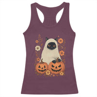 Vintage Halloween Ghost Cat Racerback Tank Top Groovy Floral Cute Black Cat Ghost Fall Pumpkin - Wonder Print Shop