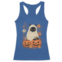 Vintage Halloween Ghost Cat Racerback Tank Top Groovy Floral Cute Black Cat Ghost Fall Pumpkin - Wonder Print Shop
