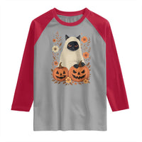 Vintage Halloween Ghost Cat Raglan Shirt Groovy Floral Cute Black Cat Ghost Fall Pumpkin - Wonder Print Shop