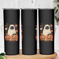 Vintage Halloween Ghost Cat Skinny Tumbler Groovy Floral Cute Black Cat Ghost Fall Pumpkin - Wonder Print Shop