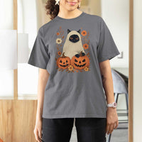 Vintage Halloween Ghost Cat T Shirt For Women Groovy Floral Cute Black Cat Ghost Fall Pumpkin - Wonder Print Shop