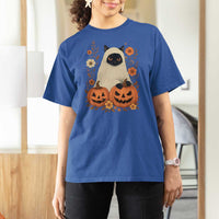 Vintage Halloween Ghost Cat T Shirt For Women Groovy Floral Cute Black Cat Ghost Fall Pumpkin - Wonder Print Shop