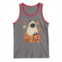 Vintage Halloween Ghost Cat Tank Top Groovy Floral Cute Black Cat Ghost Fall Pumpkin - Wonder Print Shop