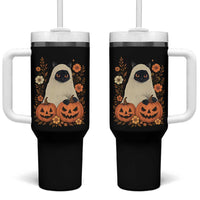 Vintage Halloween Ghost Cat Tumbler With Handle Groovy Floral Cute Black Cat Ghost Fall Pumpkin - Wonder Print Shop