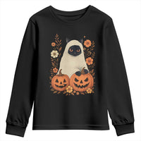 Vintage Halloween Ghost Cat Youth Sweatshirt Groovy Floral Cute Black Cat Ghost Fall Pumpkin - Wonder Print Shop