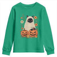 Vintage Halloween Ghost Cat Youth Sweatshirt Groovy Floral Cute Black Cat Ghost Fall Pumpkin - Wonder Print Shop