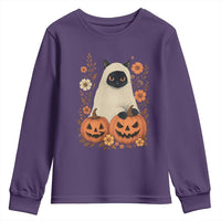 Vintage Halloween Ghost Cat Youth Sweatshirt Groovy Floral Cute Black Cat Ghost Fall Pumpkin - Wonder Print Shop
