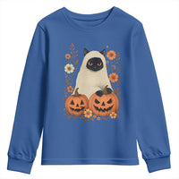 Vintage Halloween Ghost Cat Youth Sweatshirt Groovy Floral Cute Black Cat Ghost Fall Pumpkin - Wonder Print Shop