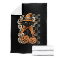 Boho Cat Wild Flowers Throw Blanket Vintage Autumn Cozy Black Cat Pumpkin Halloween