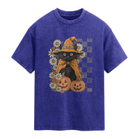 Boho Cat Wild Flowers Washed Cotton T-Shirt Vintage Autumn Cozy Black Cat Pumpkin Halloween
