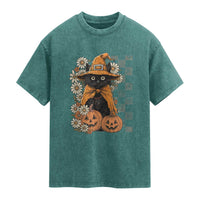 Boho Cat Wild Flowers Washed Cotton T-Shirt Vintage Autumn Cozy Black Cat Pumpkin Halloween