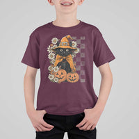 Boho Cat Wild Flowers T Shirt For Kid Vintage Autumn Cozy Black Cat Pumpkin Halloween