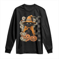 Boho Cat Wild Flowers Long Sleeve Shirt Vintage Autumn Cozy Black Cat Pumpkin Halloween