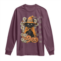 Boho Cat Wild Flowers Long Sleeve Shirt Vintage Autumn Cozy Black Cat Pumpkin Halloween