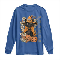 Boho Cat Wild Flowers Long Sleeve Shirt Vintage Autumn Cozy Black Cat Pumpkin Halloween