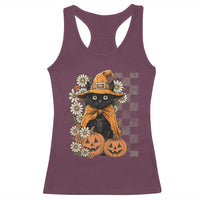 Boho Cat Wild Flowers Racerback Tank Top Vintage Autumn Cozy Black Cat Pumpkin Halloween