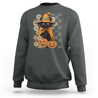 Boho Cat Wild Flowers Sweatshirt Vintage Autumn Cozy Black Cat Pumpkin Halloween