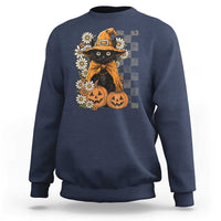 Boho Cat Wild Flowers Sweatshirt Vintage Autumn Cozy Black Cat Pumpkin Halloween