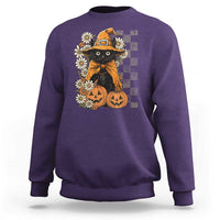 Boho Cat Wild Flowers Sweatshirt Vintage Autumn Cozy Black Cat Pumpkin Halloween