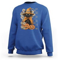 Boho Cat Wild Flowers Sweatshirt Vintage Autumn Cozy Black Cat Pumpkin Halloween